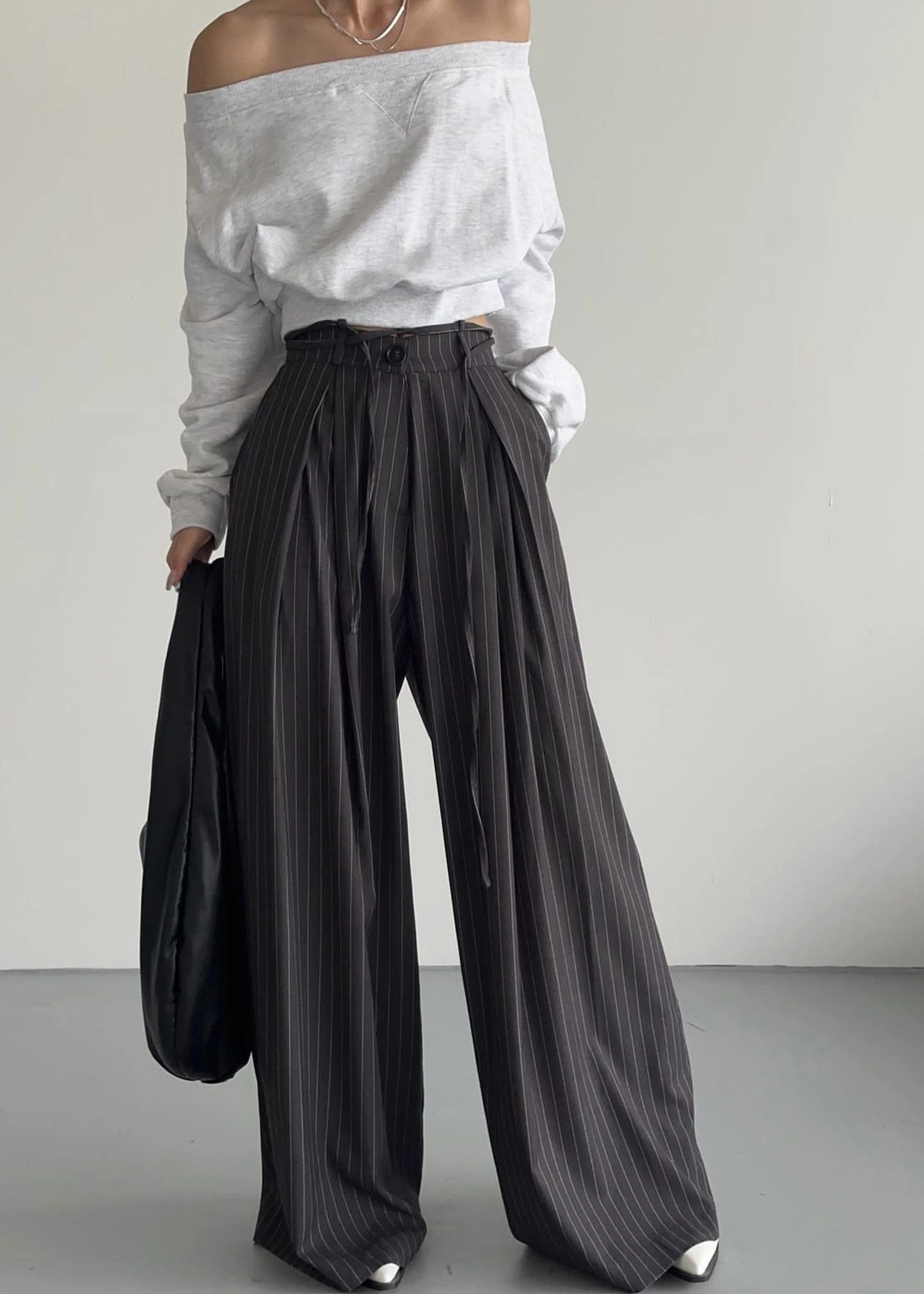 Noor Wide Pants - Grey Pinstripe - Image 5