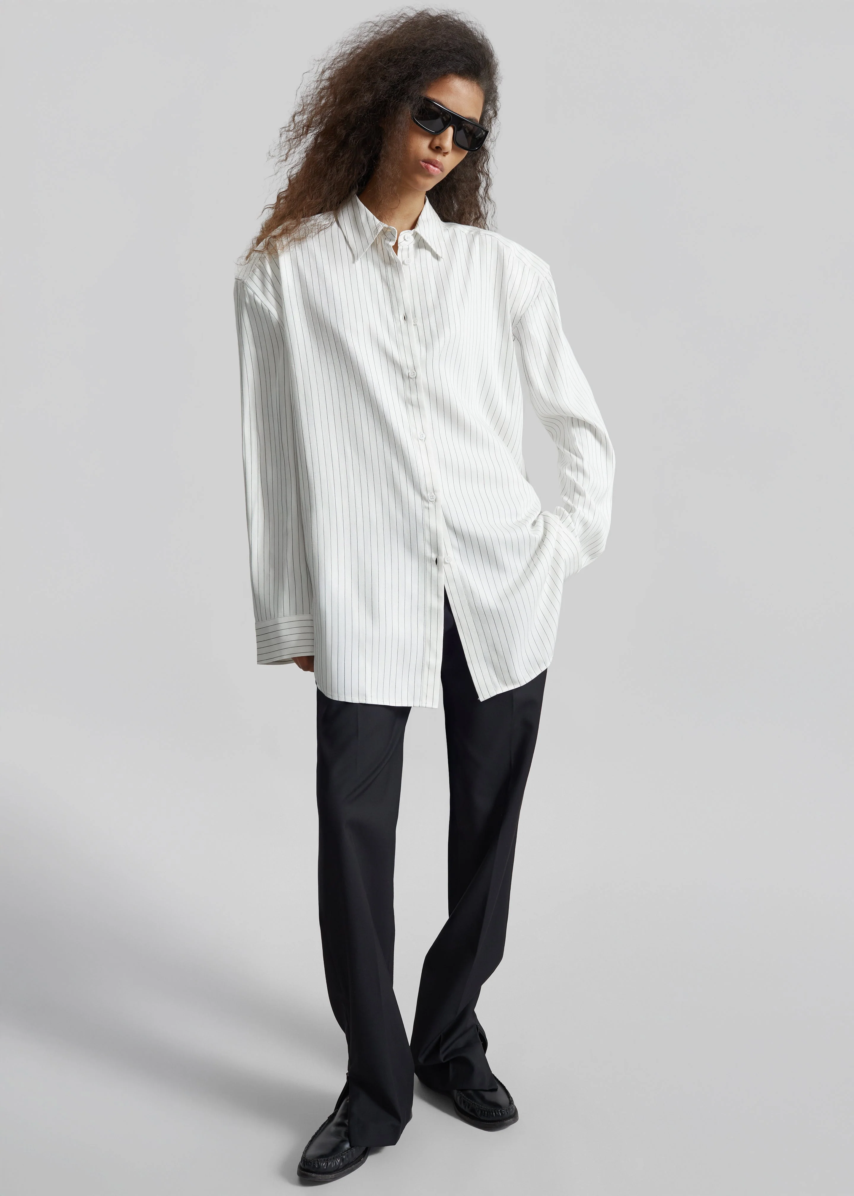 Oana Fluid Button-Up Shirt - White/Black Stripe - Image 2