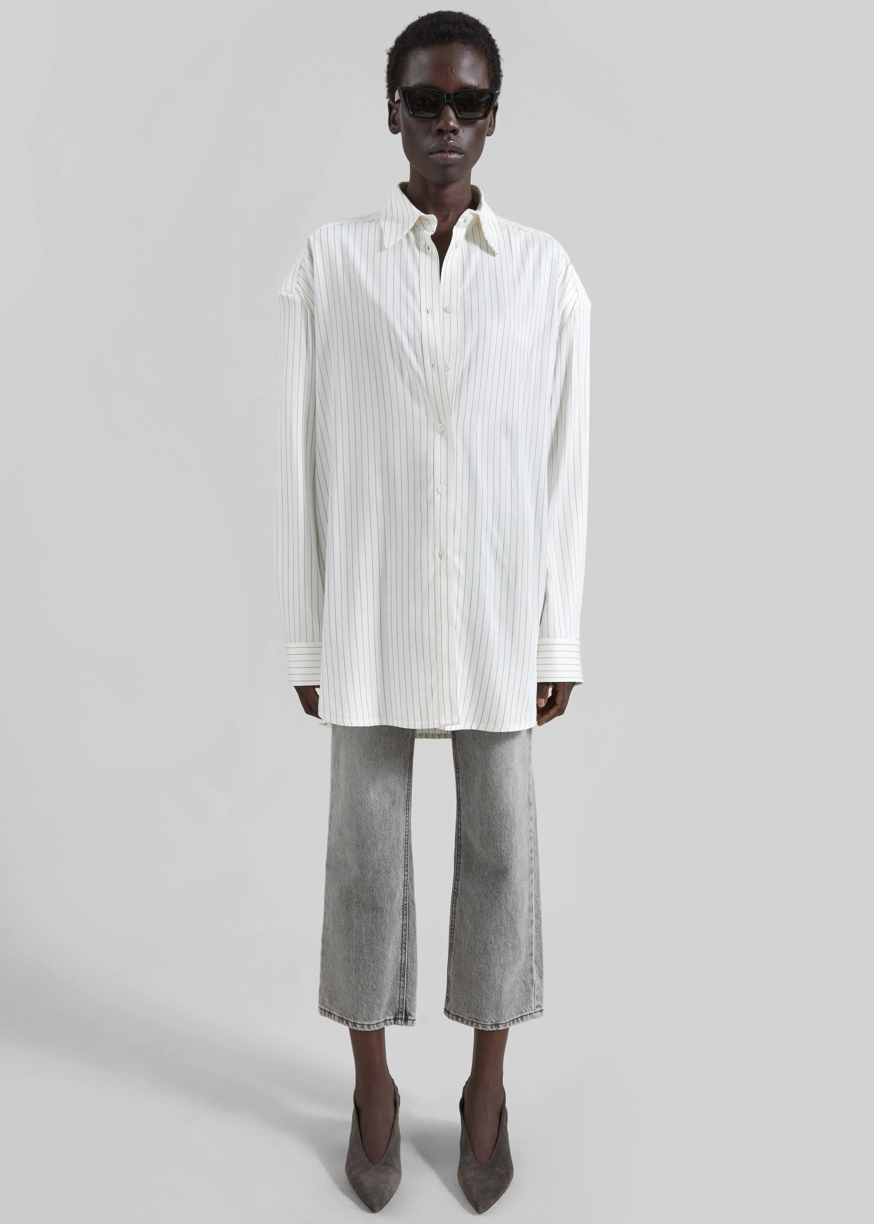 Oana Fluid Button-Up Shirt - White/Black Stripe - Image 6
