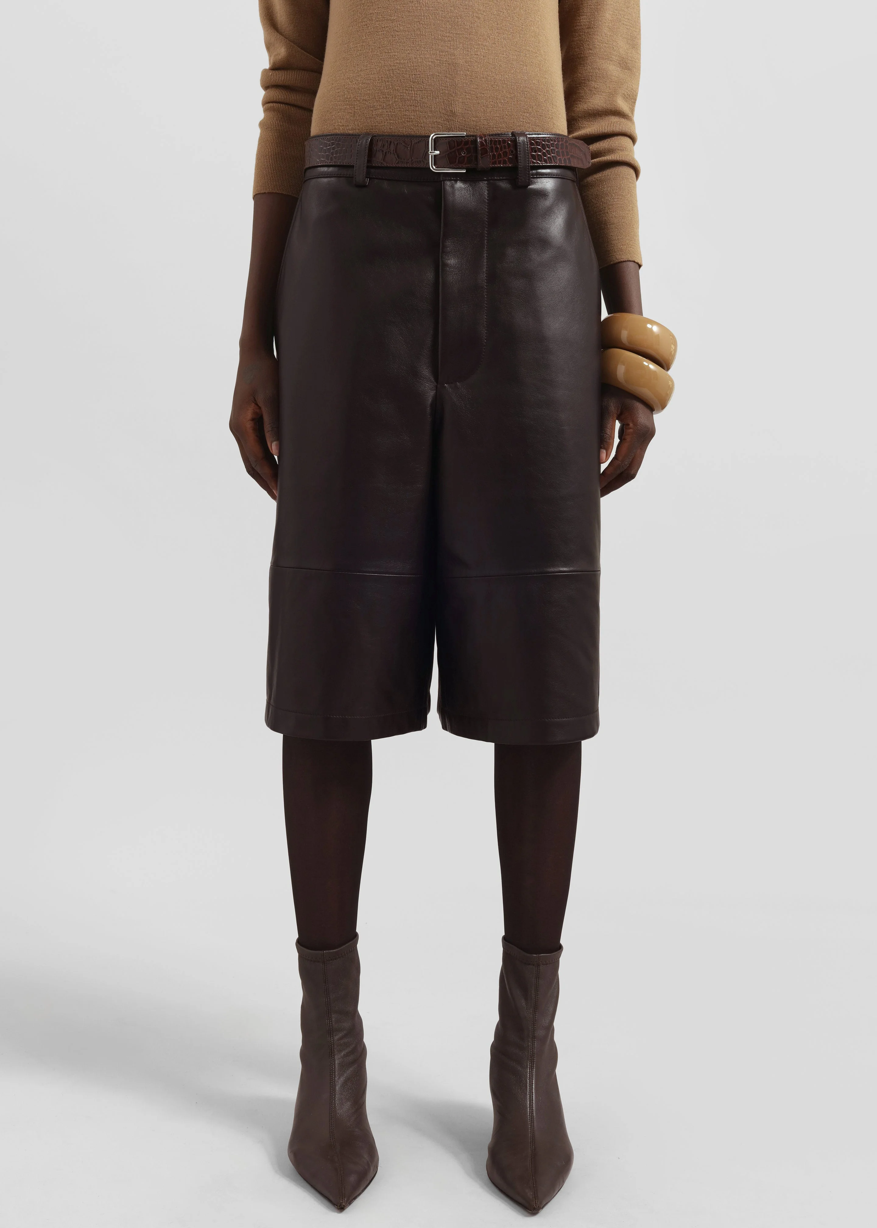 Olivia Leather Bermuda Shorts - Dark Brown - Image 2