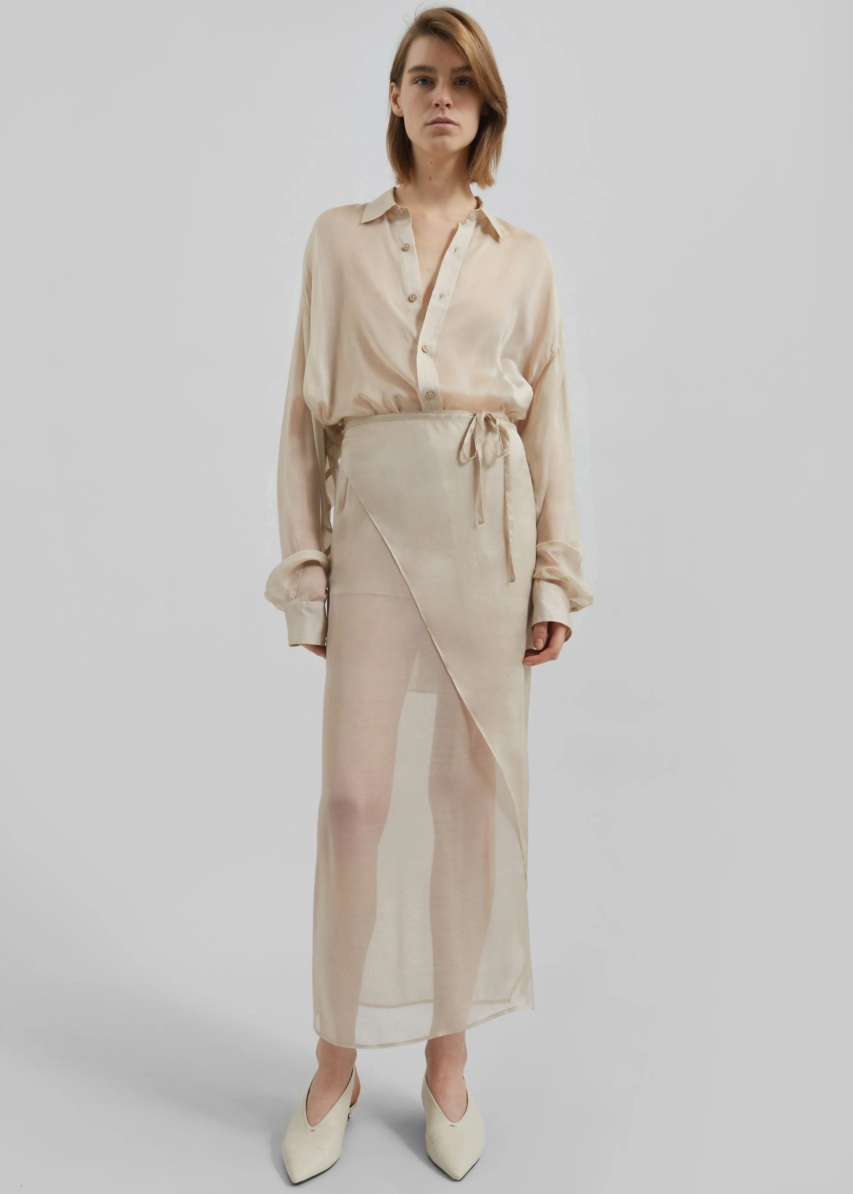Oria Sheer Silk Chiffon Shirt - Beige - Image 2