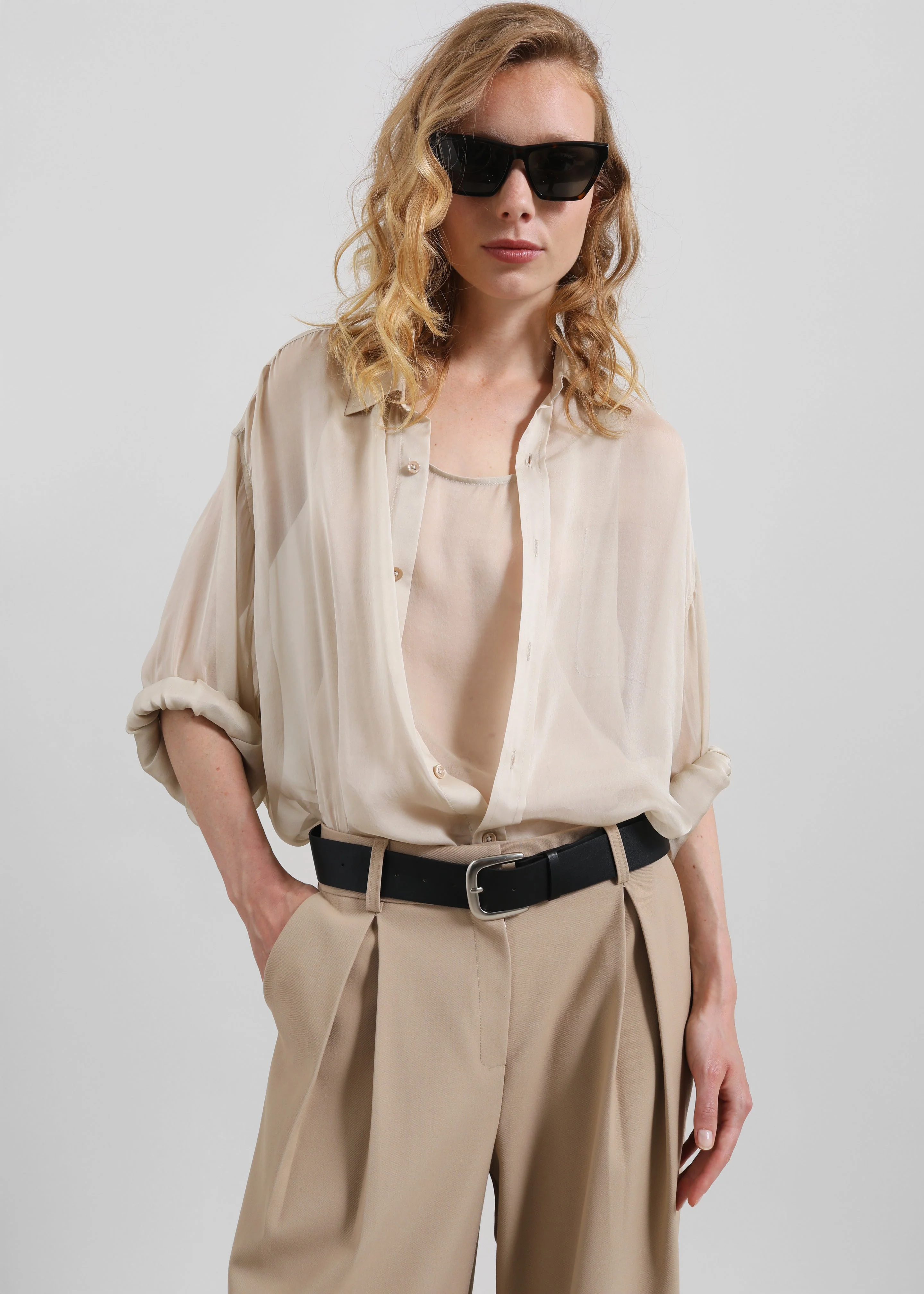 Oria Sheer Silk Chiffon Shirt - Beige - Image 7