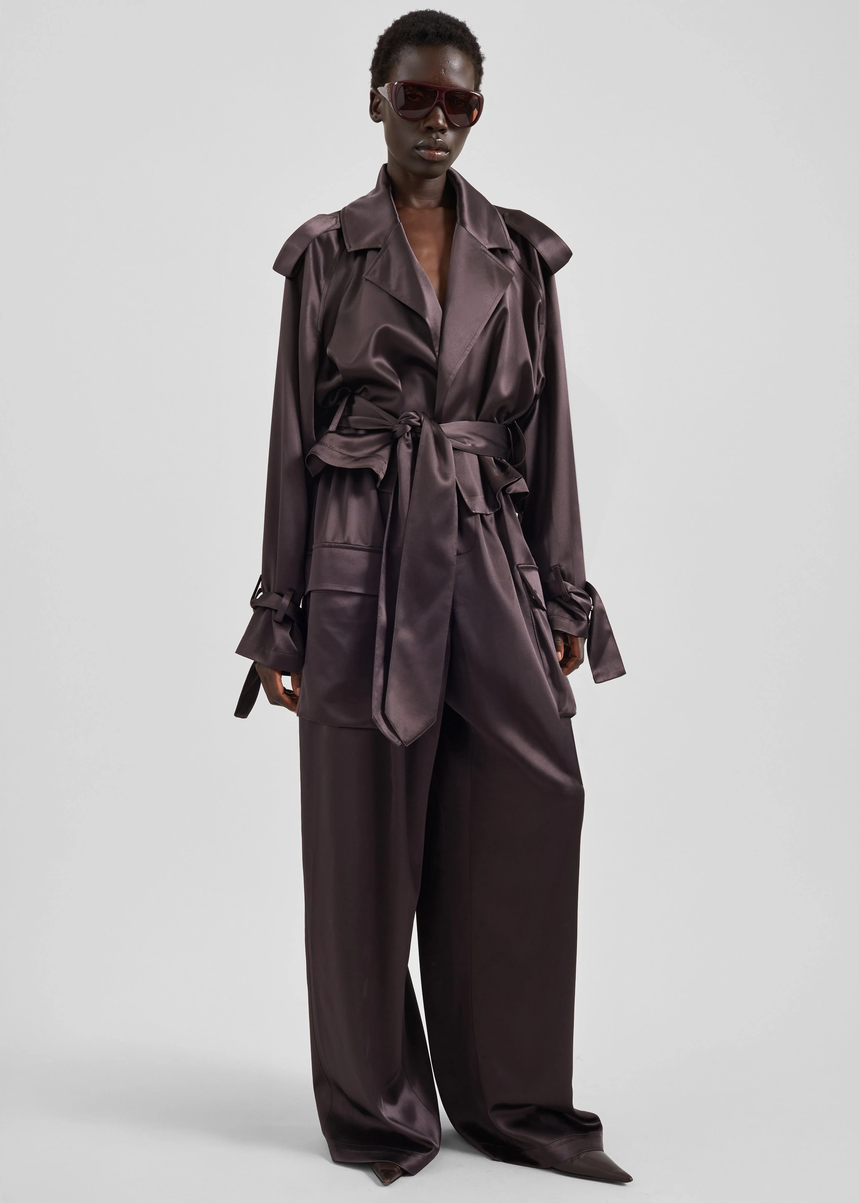 Simona Satin Short Trench - Dark Brown - Image 6