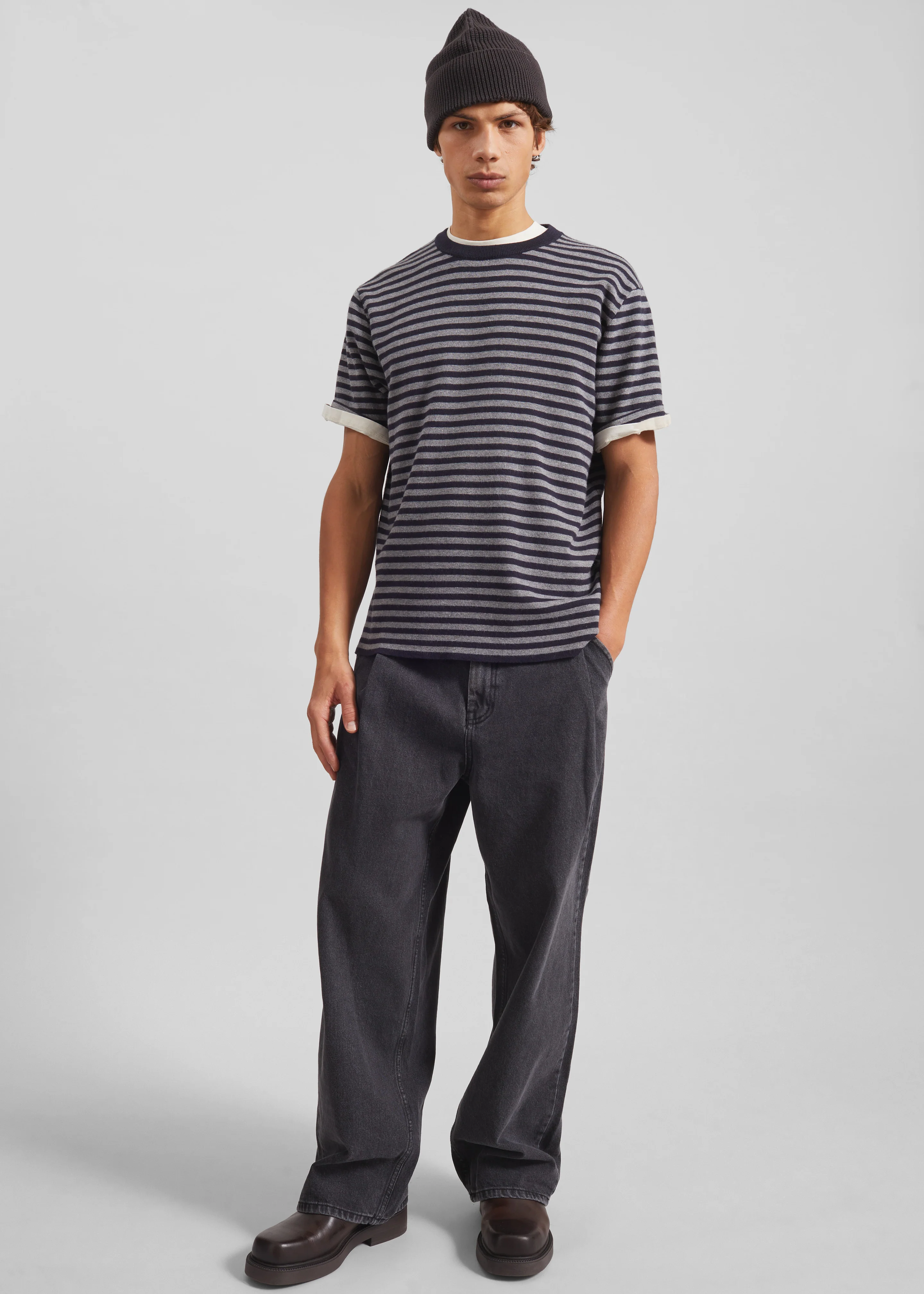 Stanmore Knit T-Shirt - Grey/Blue Stripe - Image 2