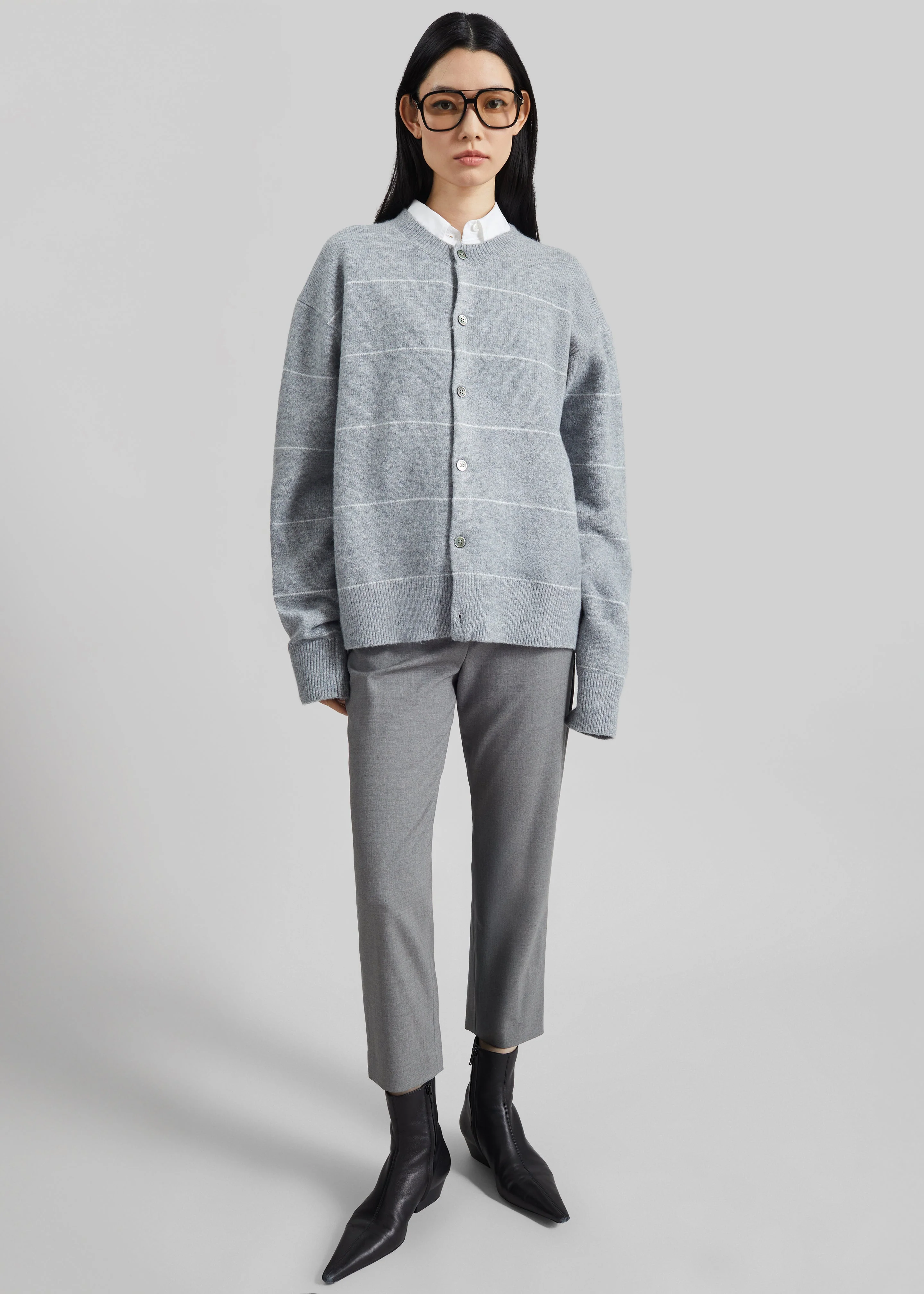 Stenvad Crewneck Cardigan - Grey/White Stripe - Image 2