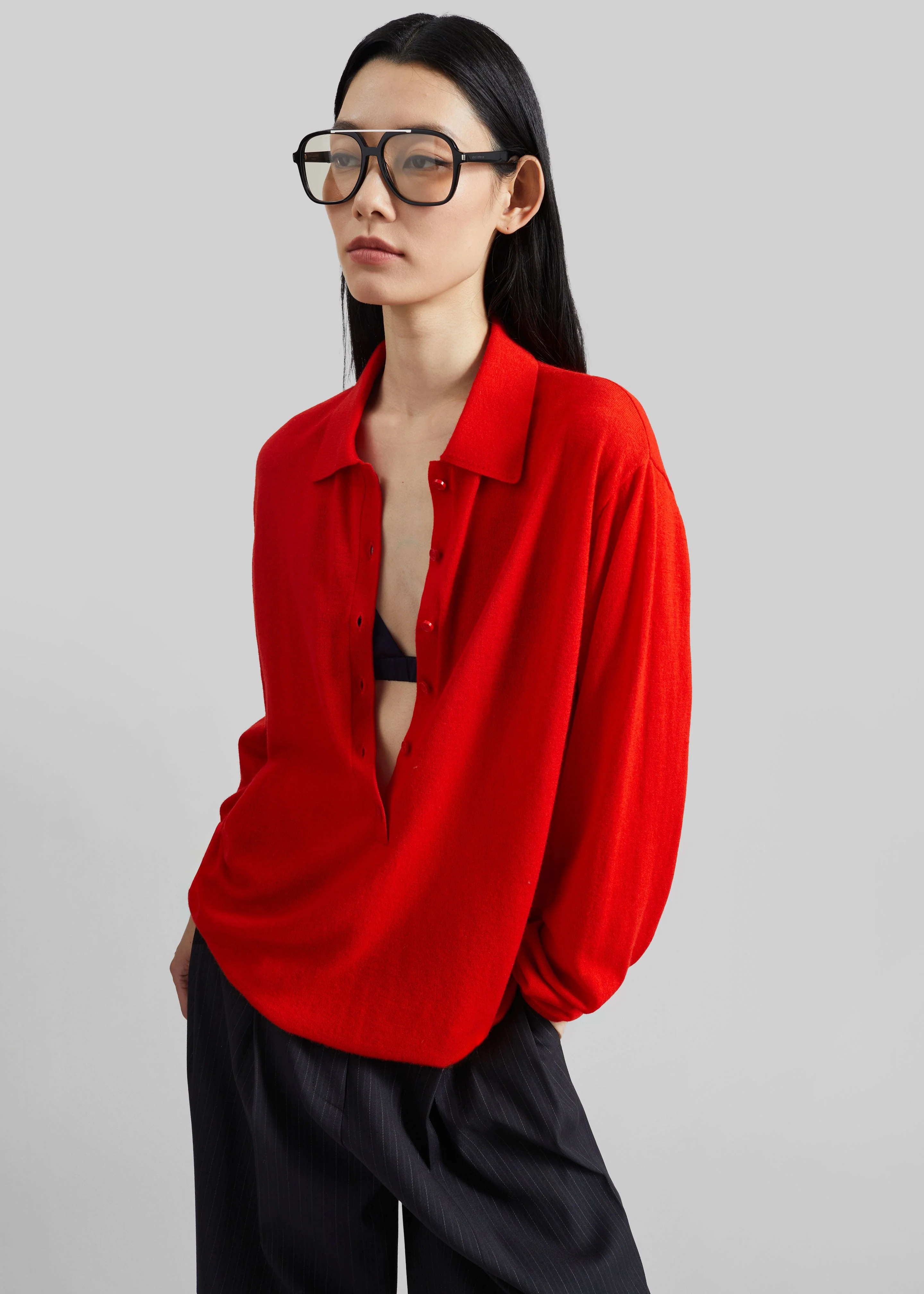 Tala Knit V-Neck Polo - Red - Image 5