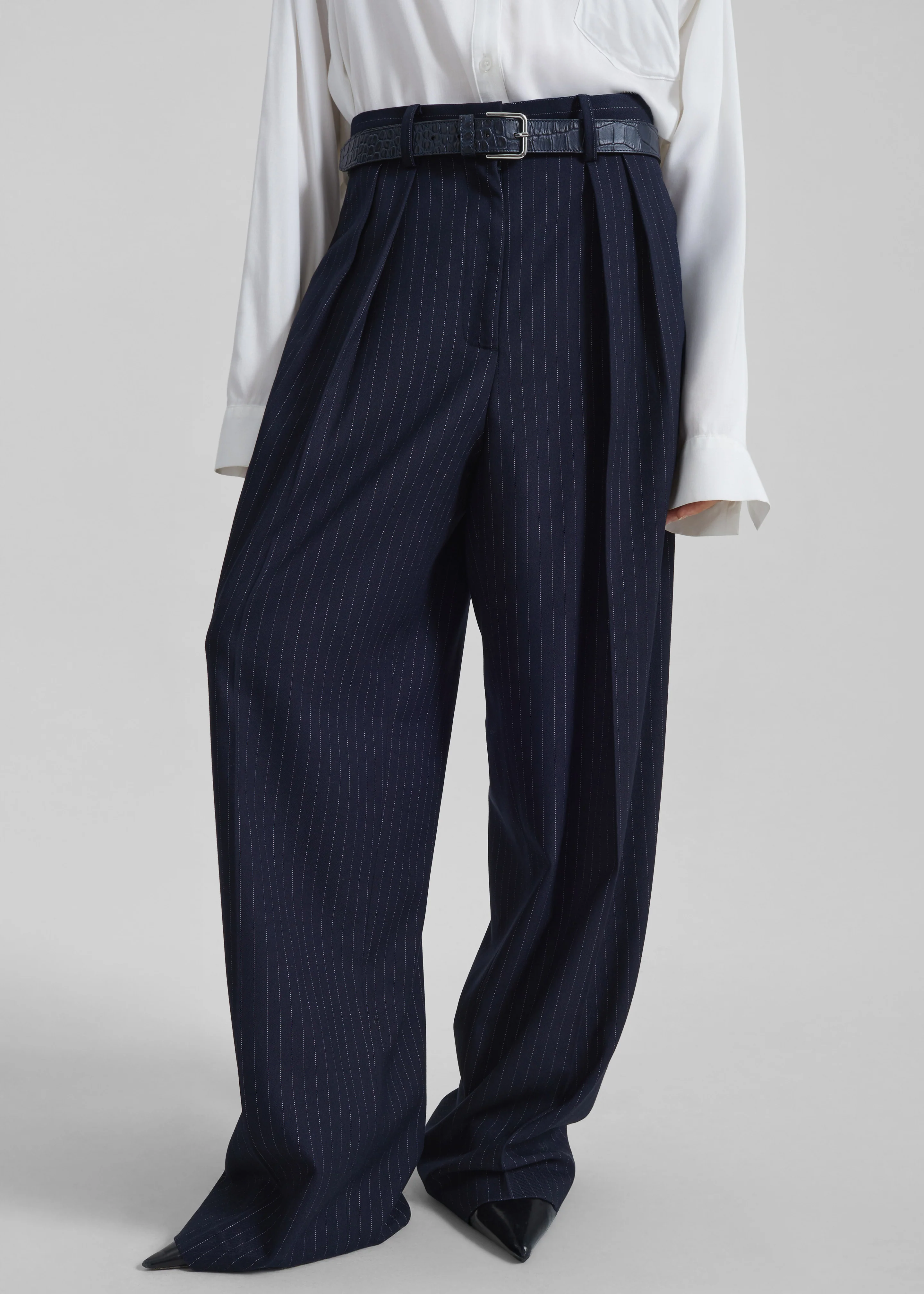 Tansy Pleated Trousers - Navy Pinstripe - Image 10