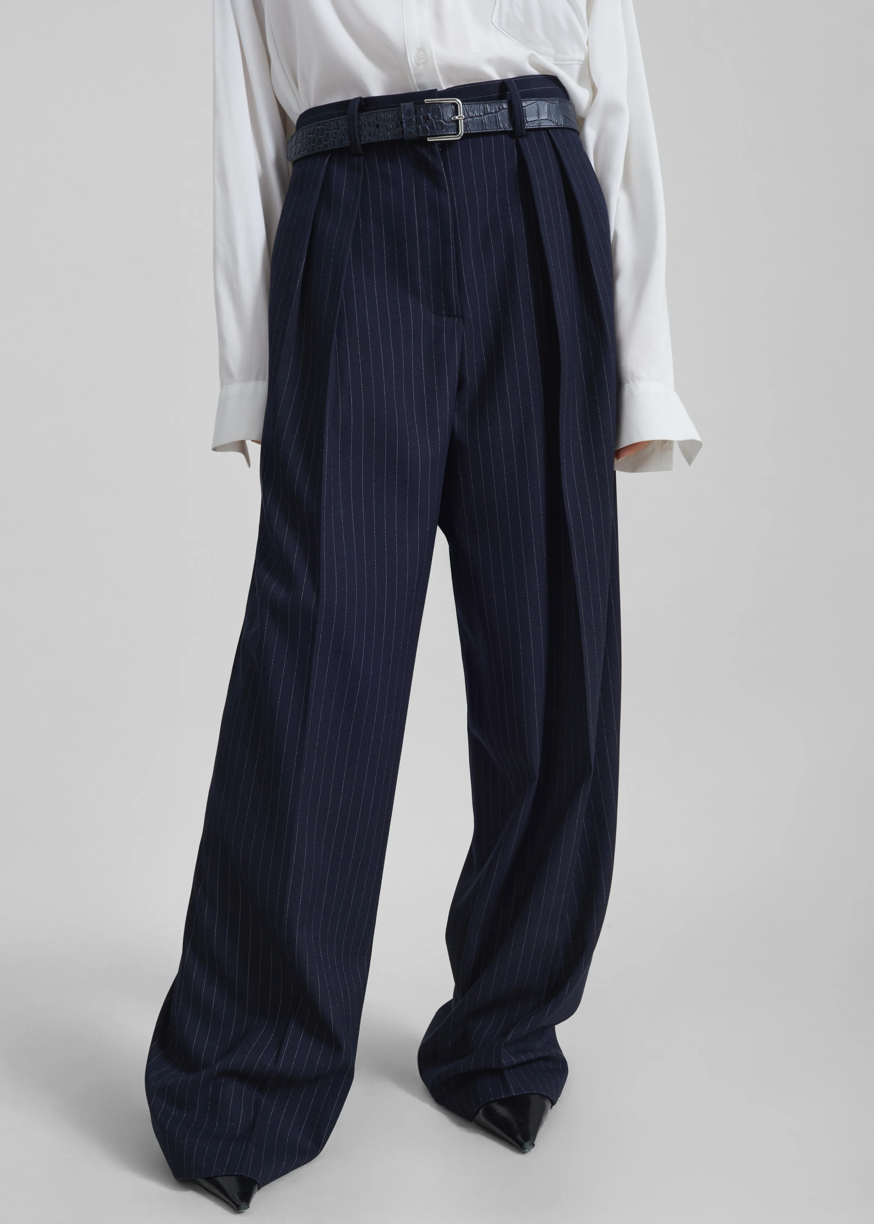 Tansy Pleated Trousers - Navy Pinstripe - Image 11
