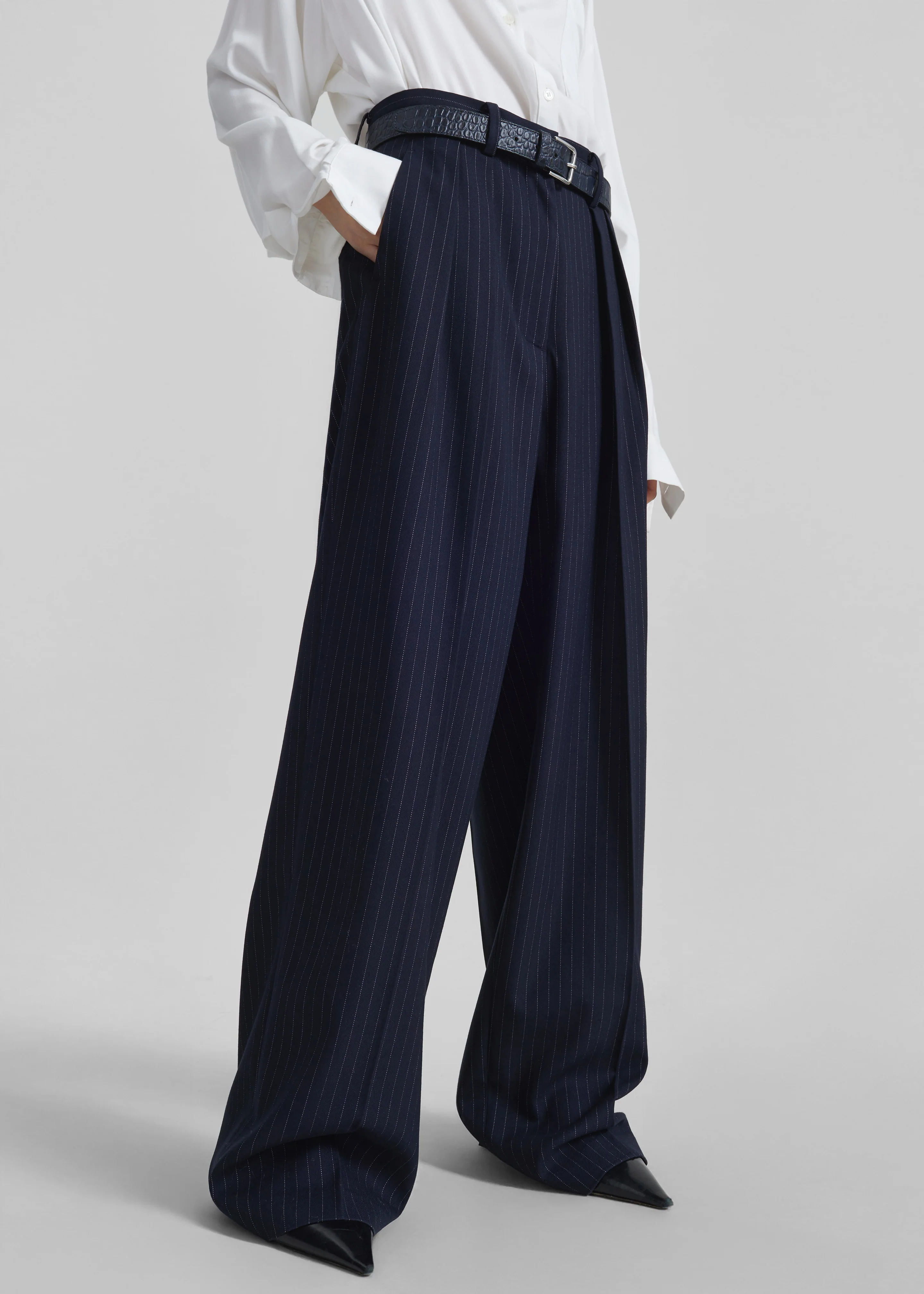 Tansy Pleated Trousers - Navy Pinstripe - Image 12