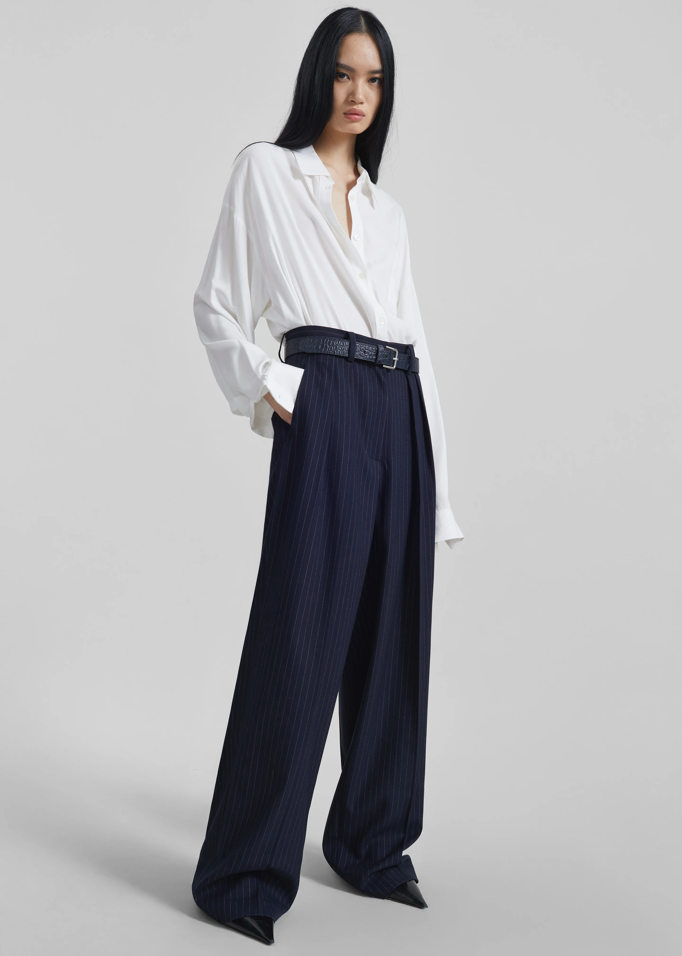 Tansy Pleated Trousers - Navy Pinstripe - Image 13