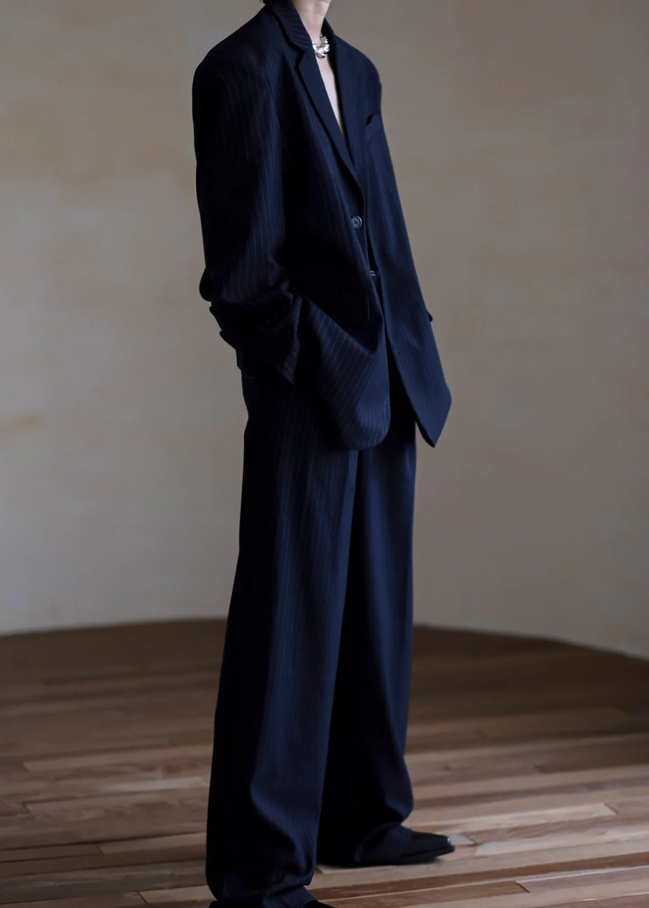 Tansy Pleated Trousers - Navy Pinstripe - Image 3