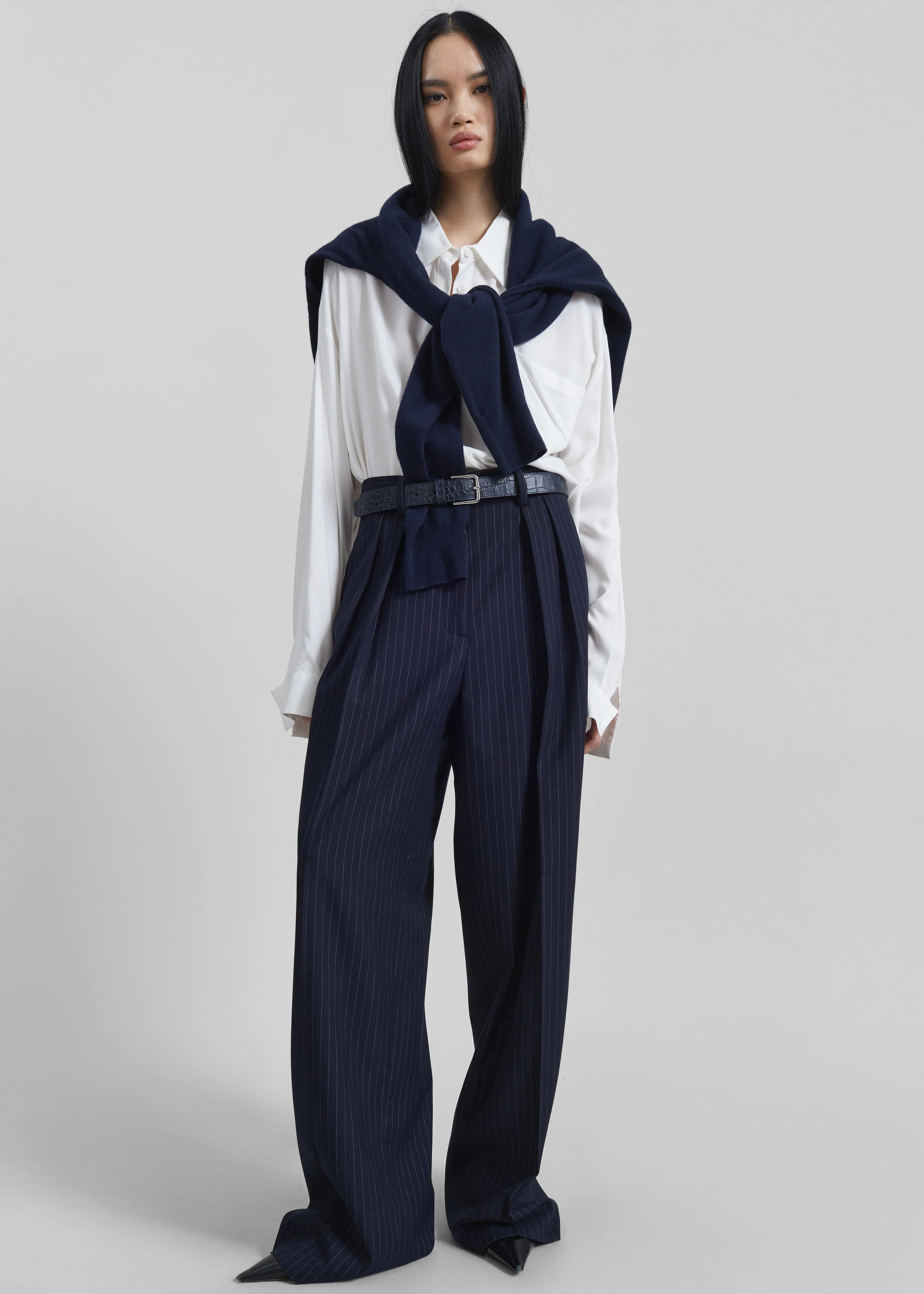 Tansy Pleated Trousers - Navy Pinstripe - Image 7