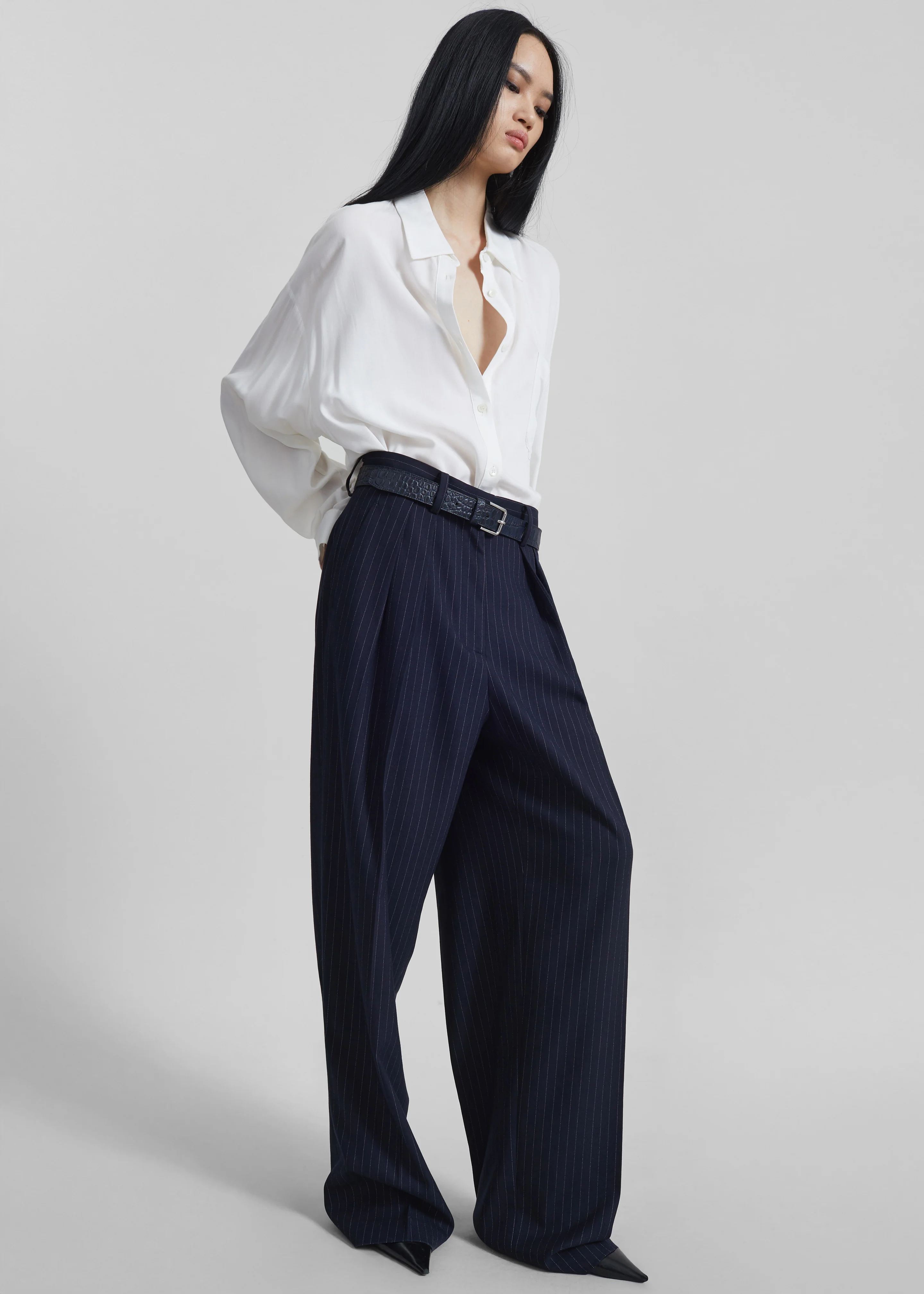Tansy Pleated Trousers - Navy Pinstripe - Image 8