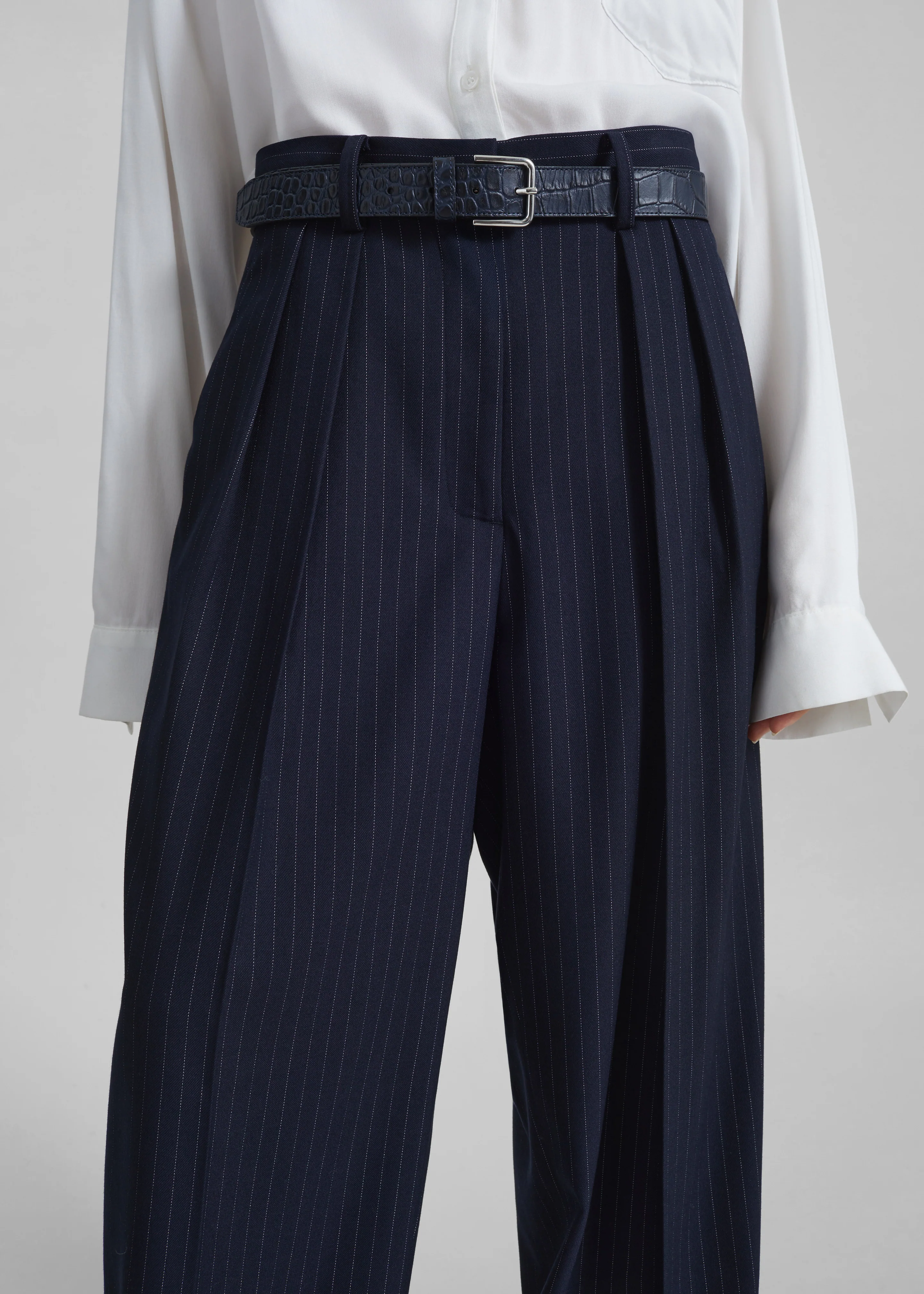 Tansy Pleated Trousers - Navy Pinstripe - Image 9