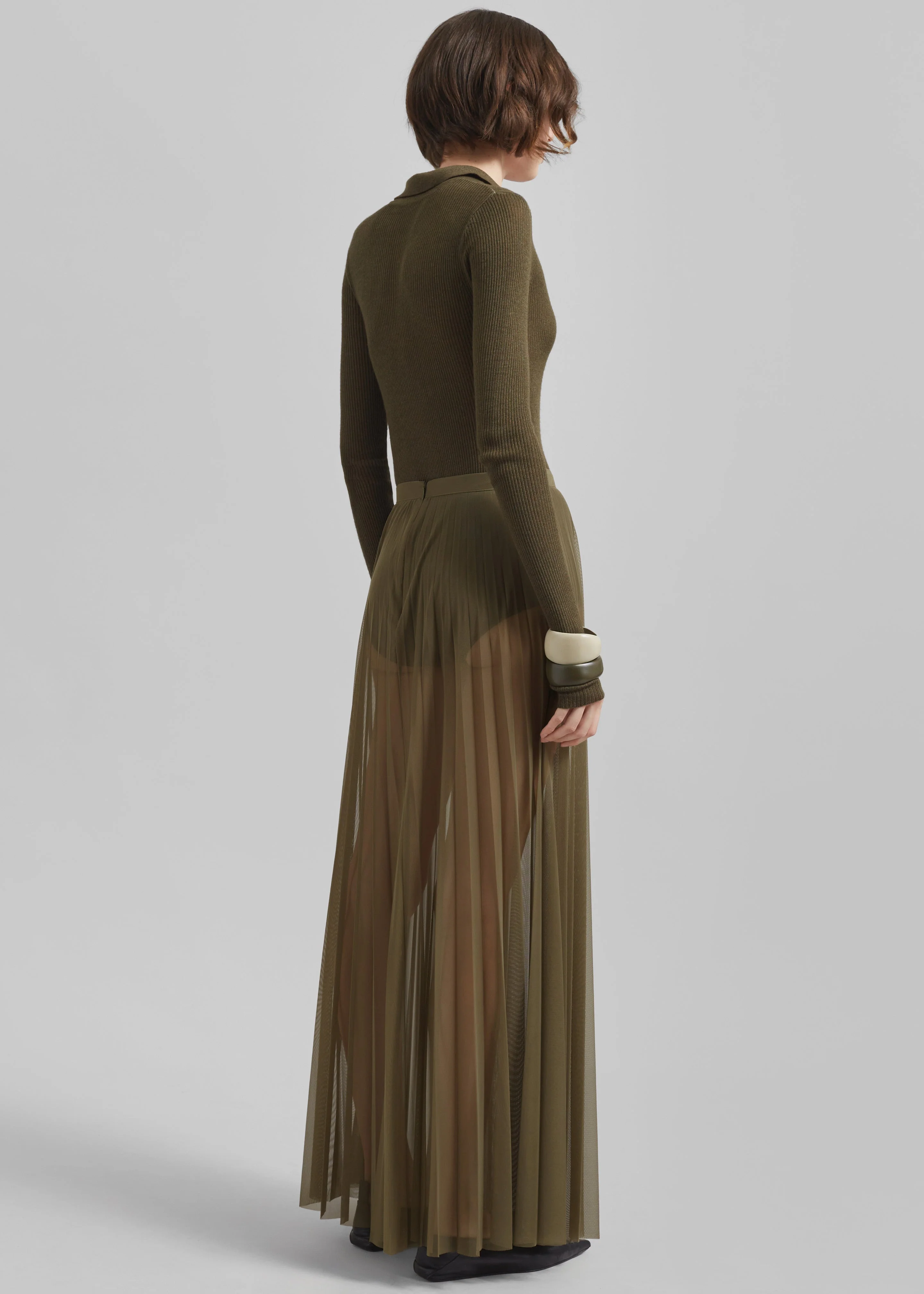 Vallen Pleated Mesh Maxi Skirt - Khaki - Image 10
