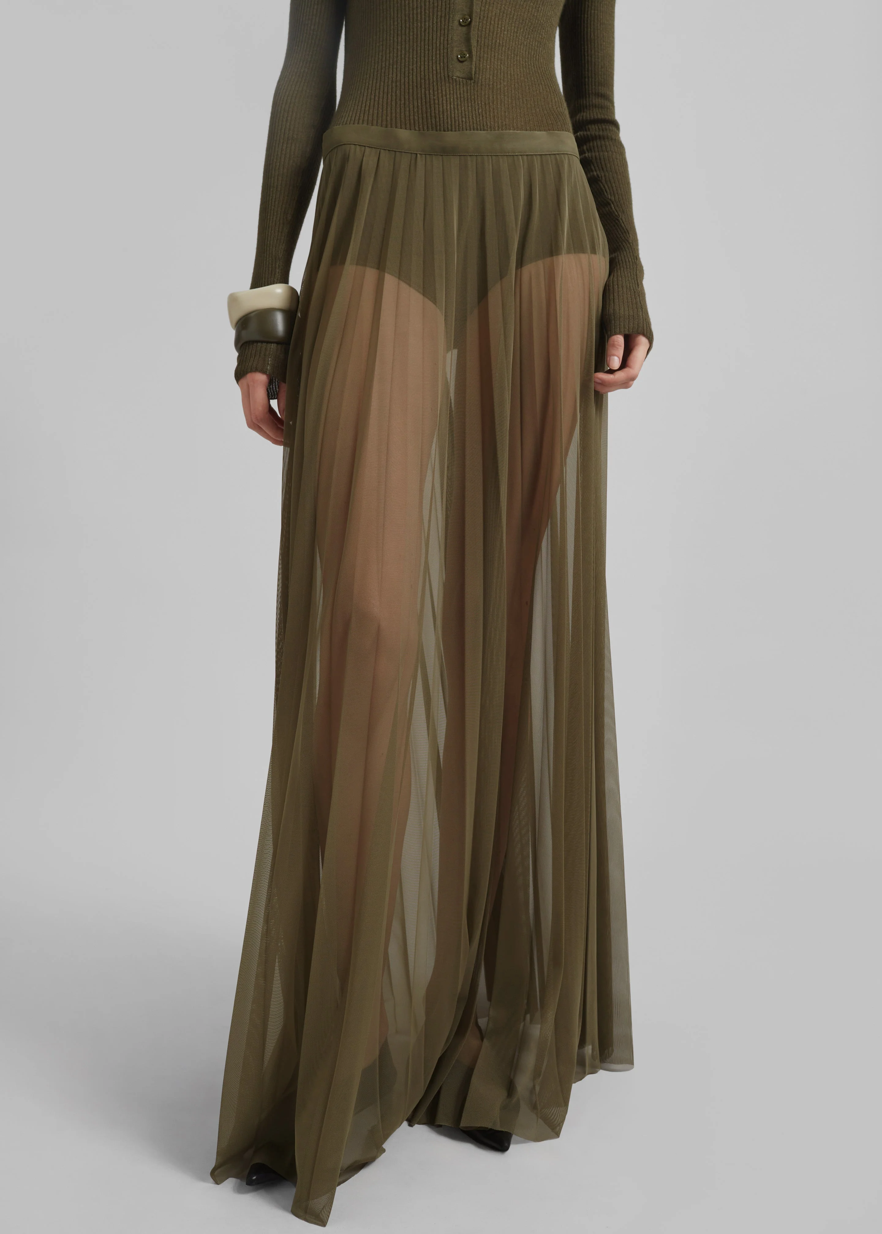 Vallen Pleated Mesh Maxi Skirt - Khaki - Image 2