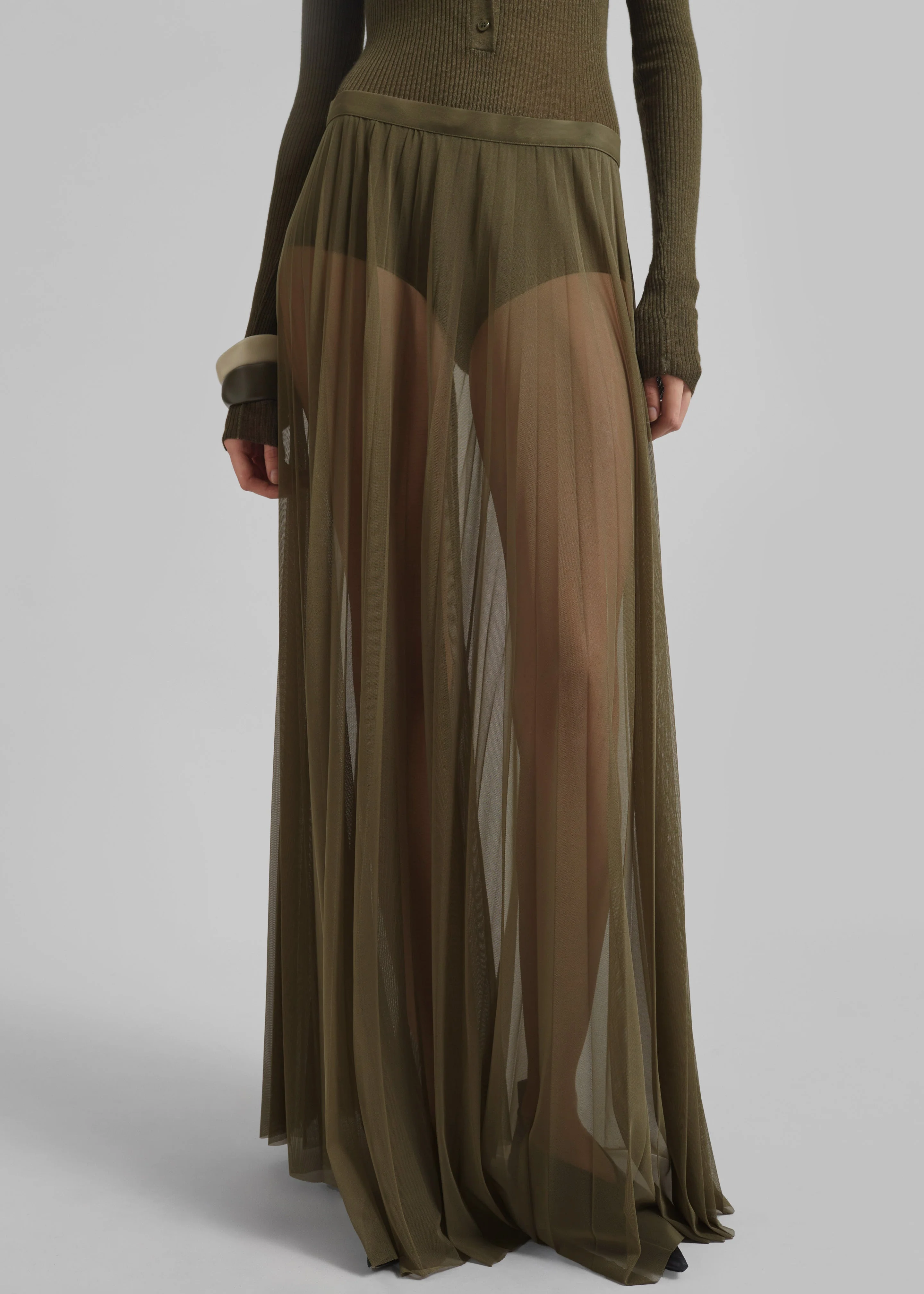 Vallen Pleated Mesh Maxi Skirt - Khaki - Image 6