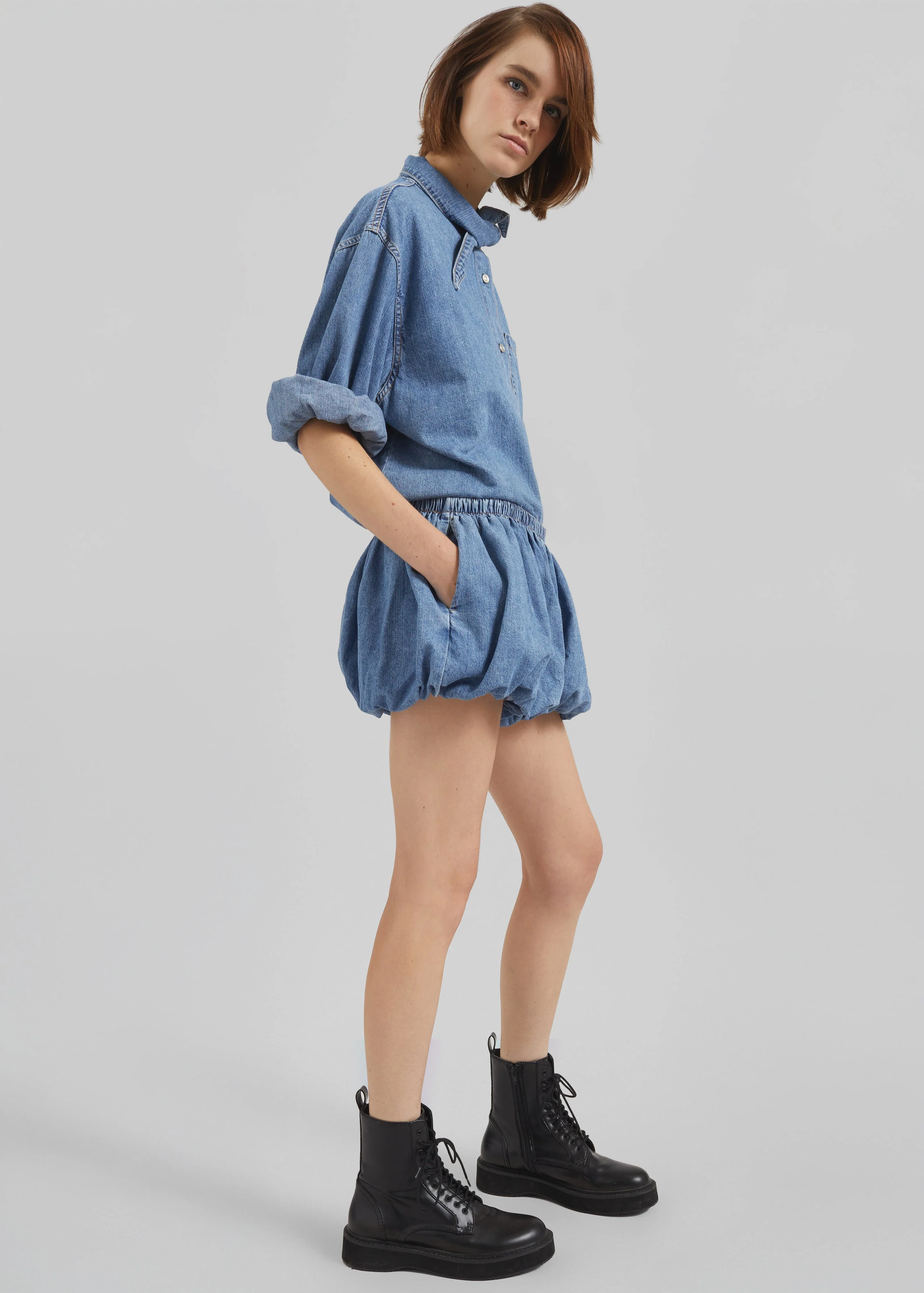 Varzy Denim Bubble-Hem Shorts - Medium Wash