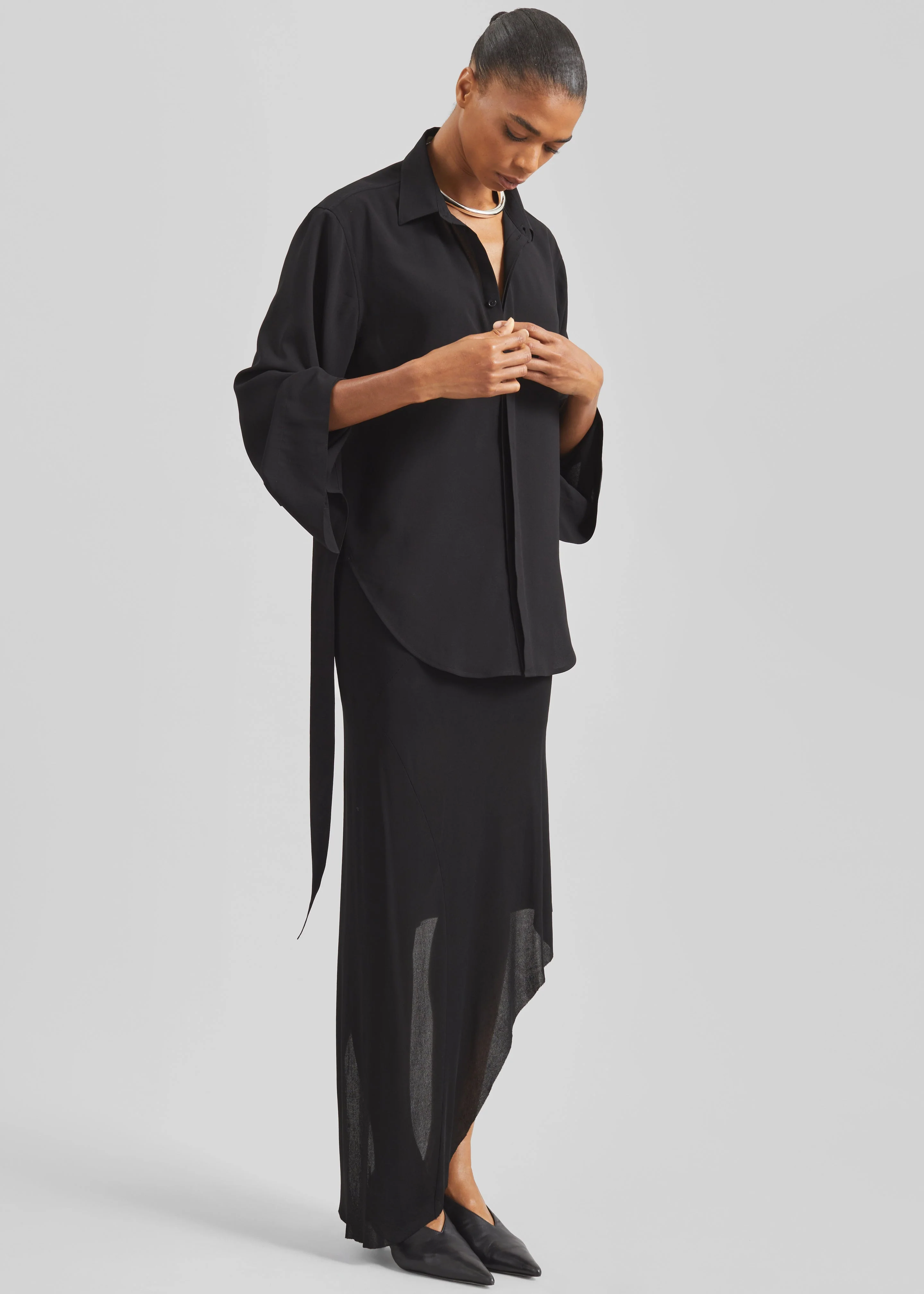 Verlin Sheer Chiffon Tie Cuff Shirt - Black - Image 7