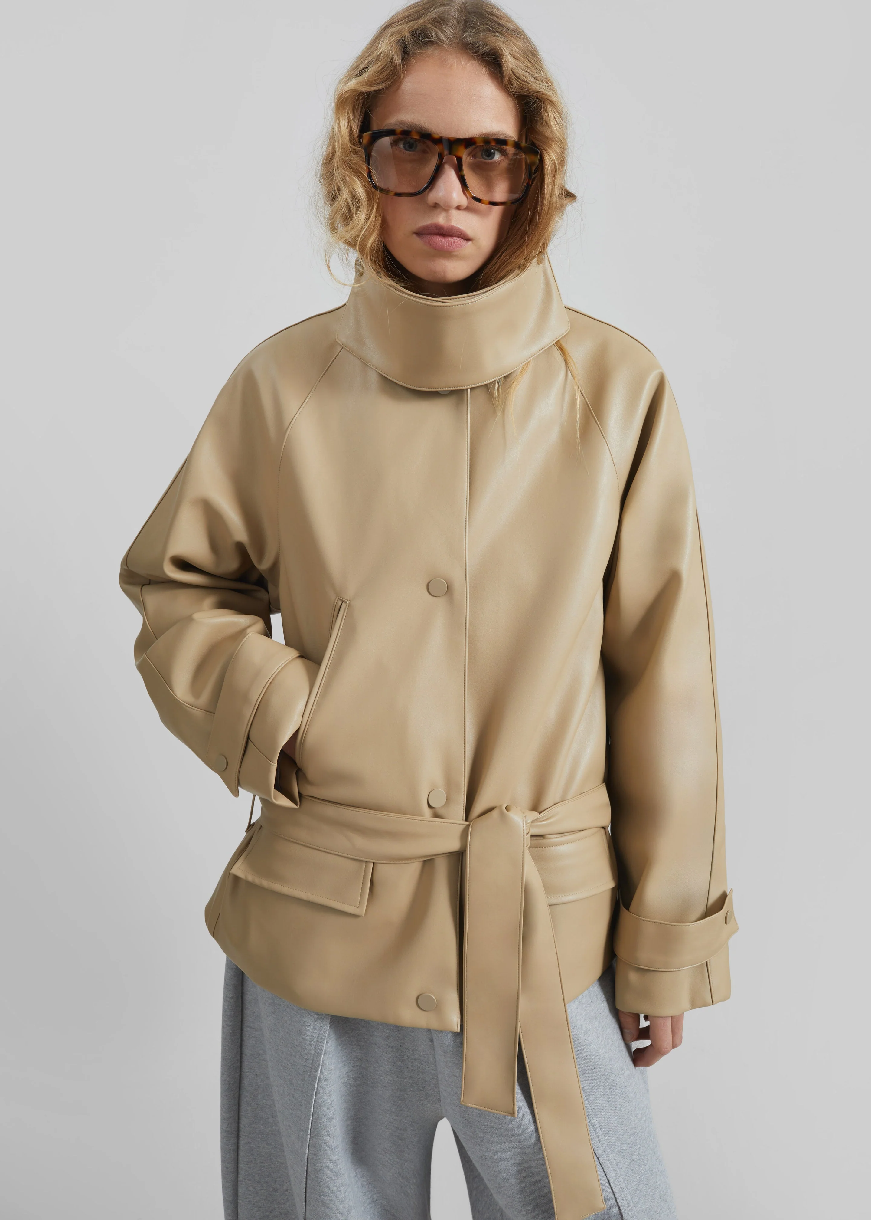 Viran Faux Leather Belted Jacket - Beige - Image 2